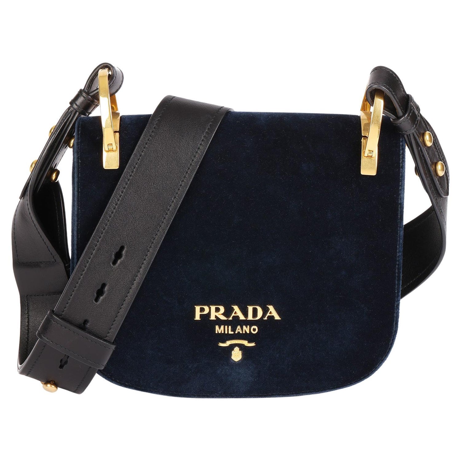 PRADA Dark Blue Velvet and Black Calfskin Leather Pionnière Shoulder Bag  For Sale at 1stDibs