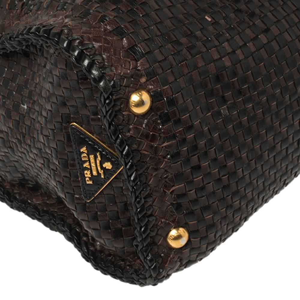Prada Dunkelbraun/Schwarz gewebtes Madras Leder Klappe Top Handle Tasche 8