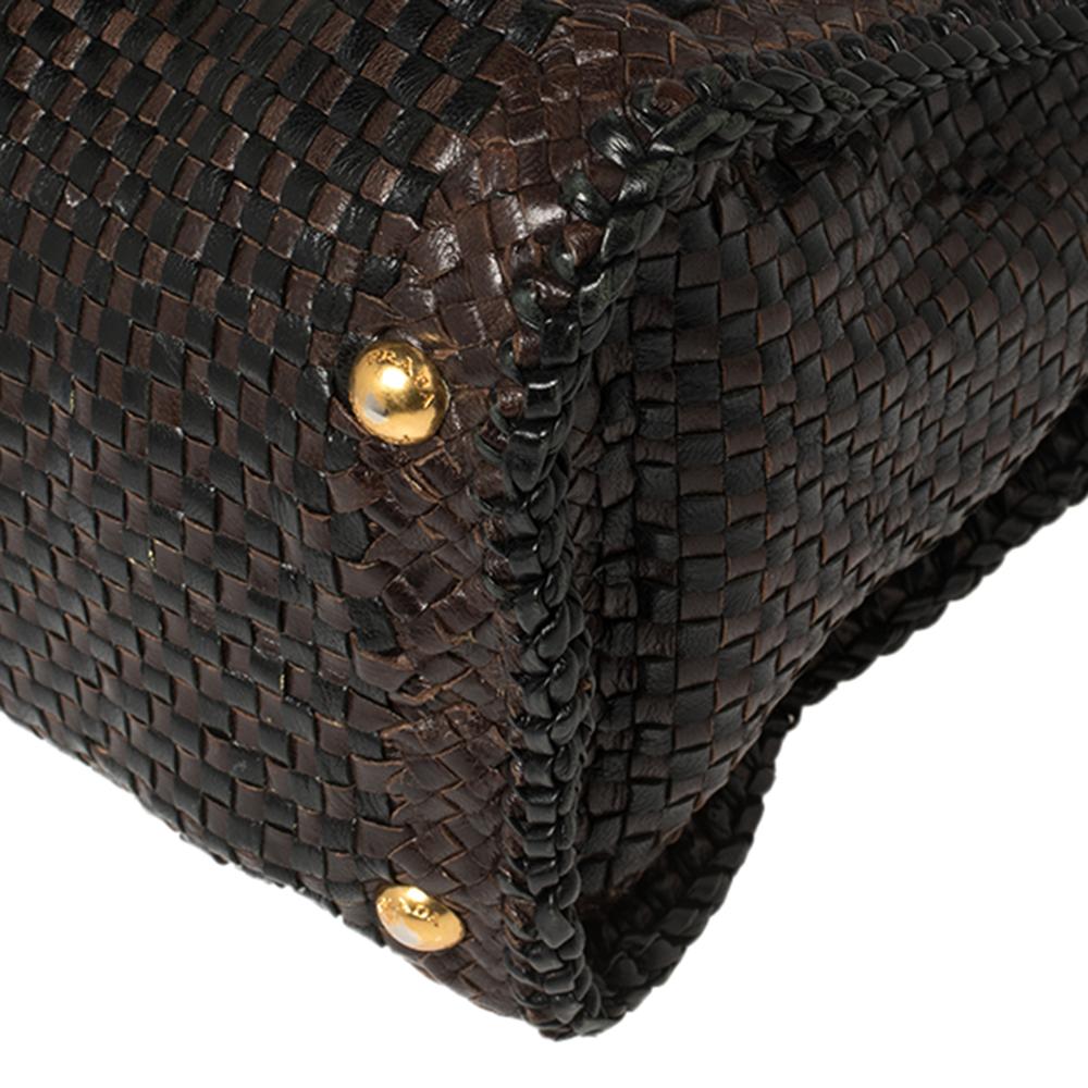 Prada Dunkelbraun/Schwarz gewebtes Madras Leder Klappe Top Handle Tasche 9
