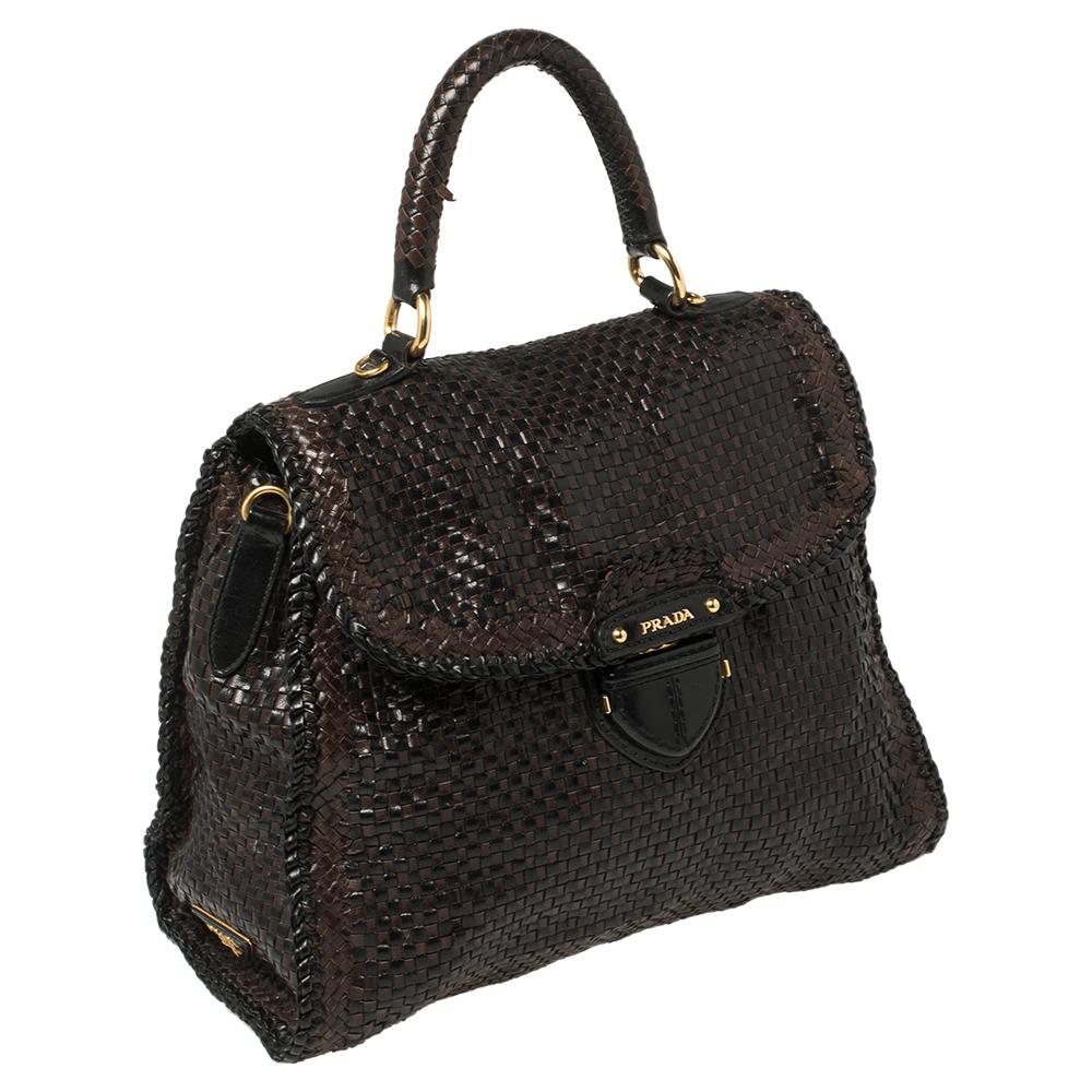 Prada Dunkelbraun/Schwarz gewebtes Madras Leder Klappe Top Handle Tasche Damen