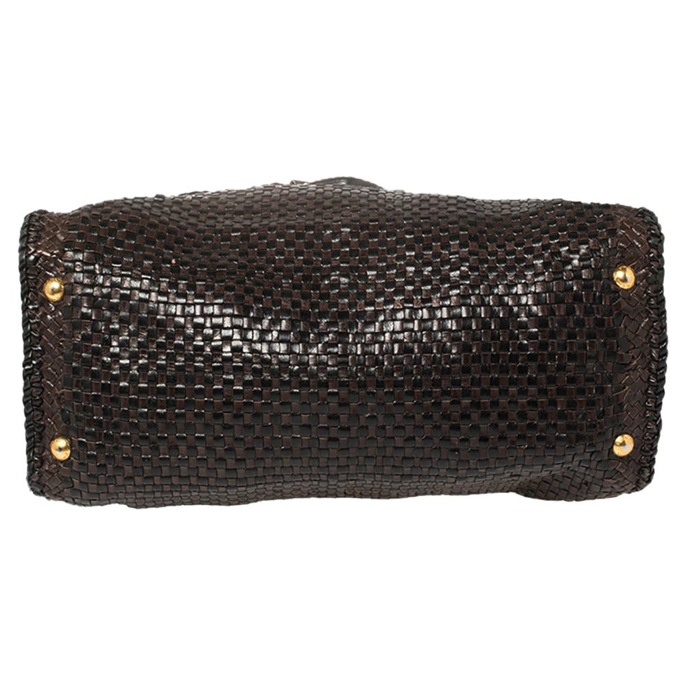 Prada Dunkelbraun/Schwarz gewebtes Madras Leder Klappe Top Handle Tasche 1