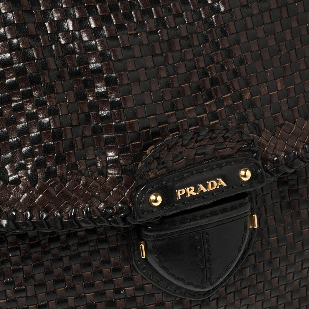 Prada Dunkelbraun/Schwarz gewebtes Madras Leder Klappe Top Handle Tasche 3