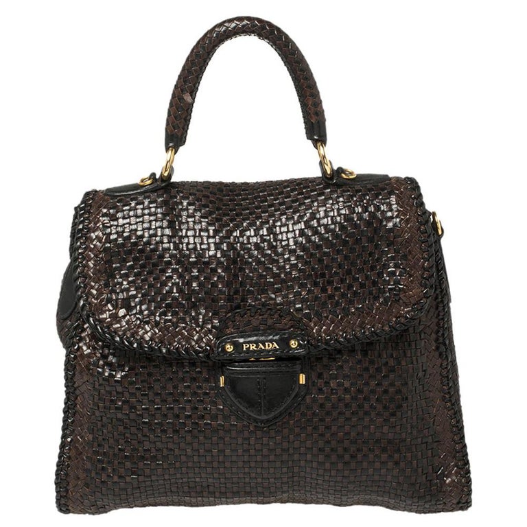 Prada Dark Brown/Black Woven Madras Leather Flap Top Handle Bag at 1stDibs
