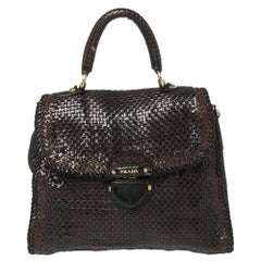 Prada Dark Brown/Black Woven Madras Leather Flap Top Handle Bag