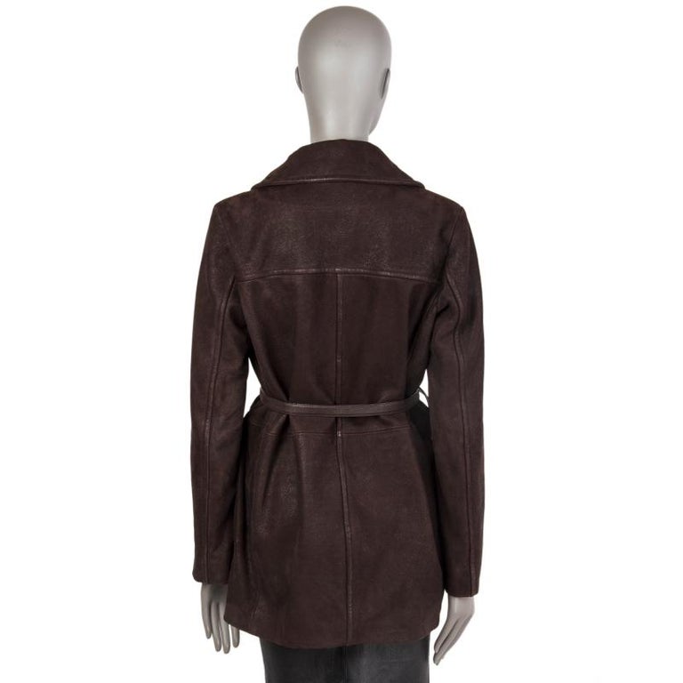 PRADA dark brown COATED LEATHER BELTED Coat Jacket 42 M For Sale at 1stDibs