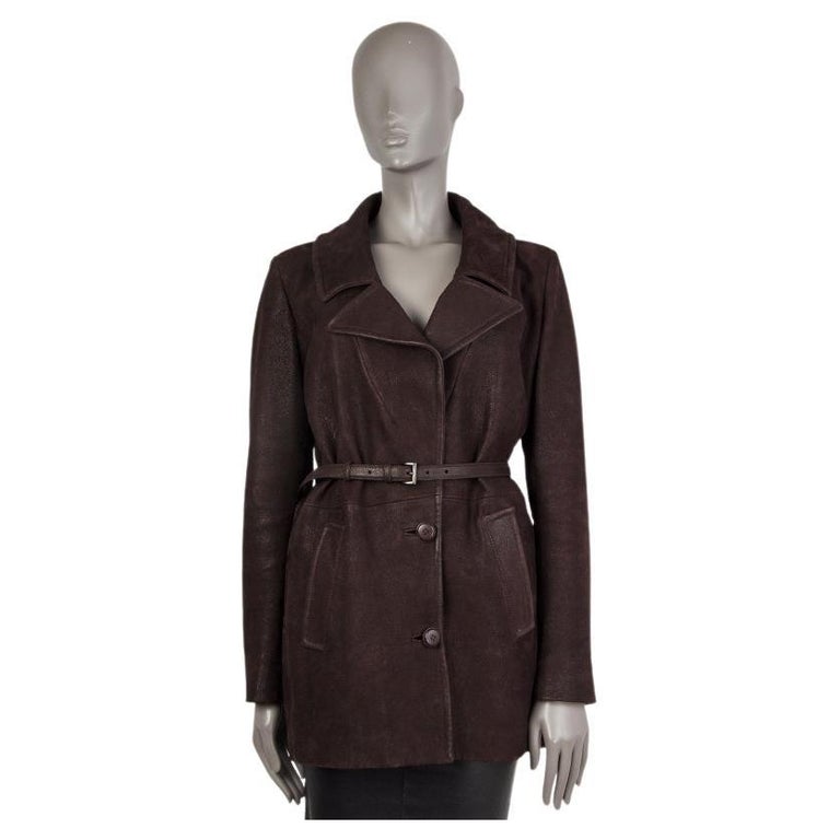 PRADA dark brown COATED LEATHER BELTED Coat Jacket 42 M For Sale at 1stDibs