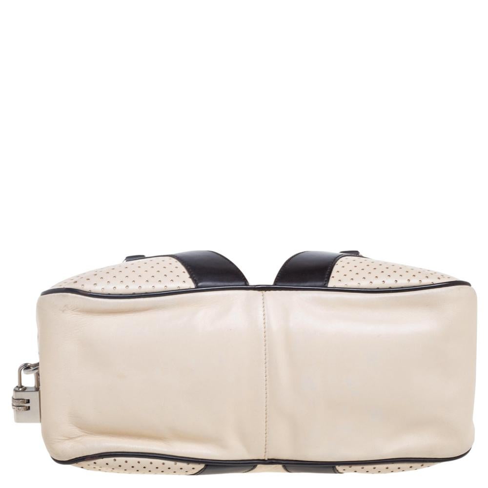 Prada Dark Brown/Cream Perforated Leather Drive Bowler Bag In Good Condition In Dubai, Al Qouz 2