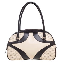 Prada Dark Brown/Cream Perforated Leather Drive Bowler Bag