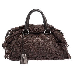 Prada Dark Brown Lace and Leather Pizzo Bowler Bag