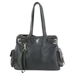 Prada Tote Bag aus dunkelbraunem Leder mit Gürtelschnalle 455pr62