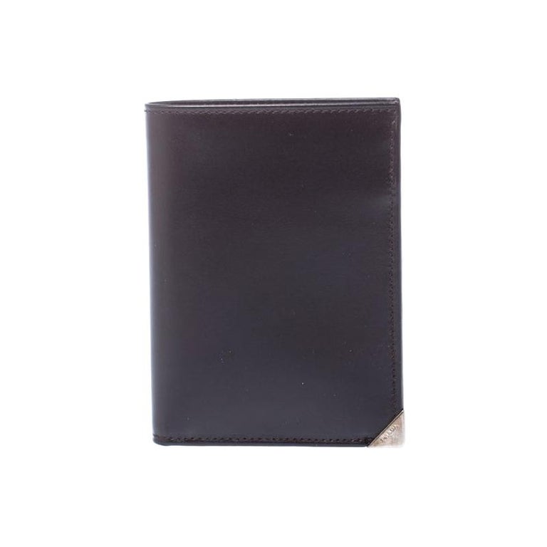 Prada Dark Brown Leather Bi Fold Card Holder For Sale at 1stDibs