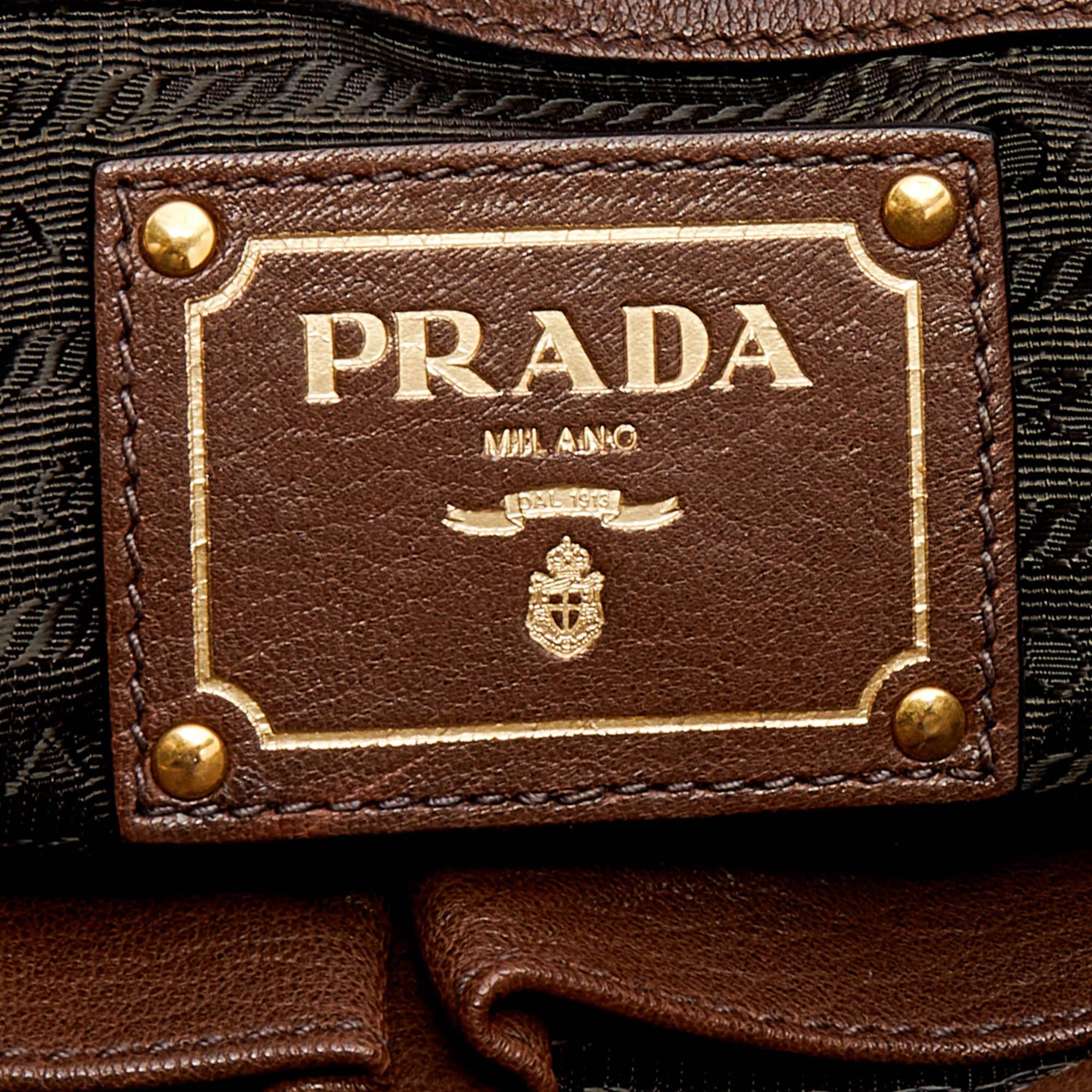 Prada Dark Brown Leather Cervo Satchel In Good Condition In Dubai, Al Qouz 2