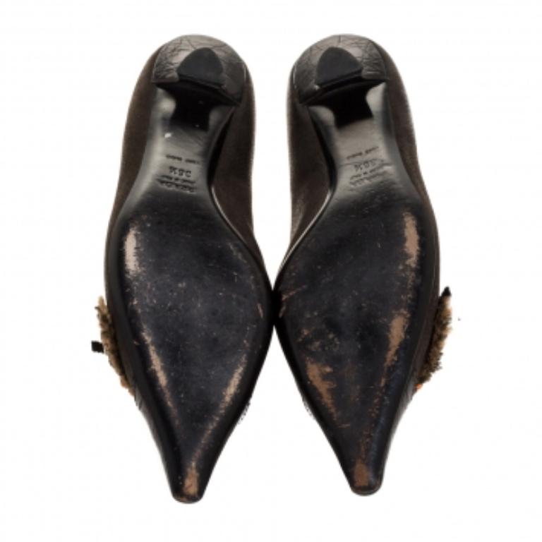 Black Prada Dark Brown Leather Crystal Embellished Vintage Pointed Pumps Size 36.5 For Sale