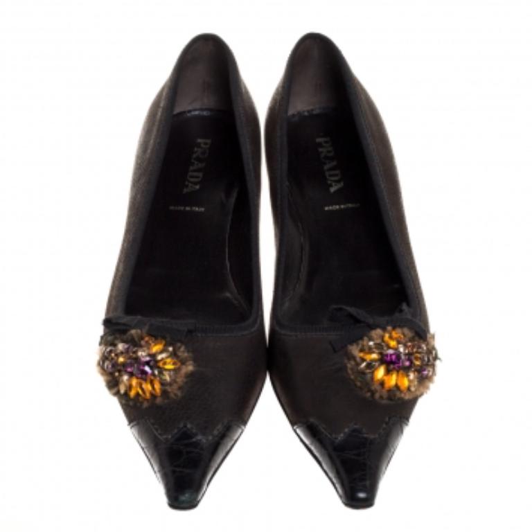 Women's Prada Dark Brown Leather Crystal Embellished Vintage Pointed Pumps Size 36.5 For Sale