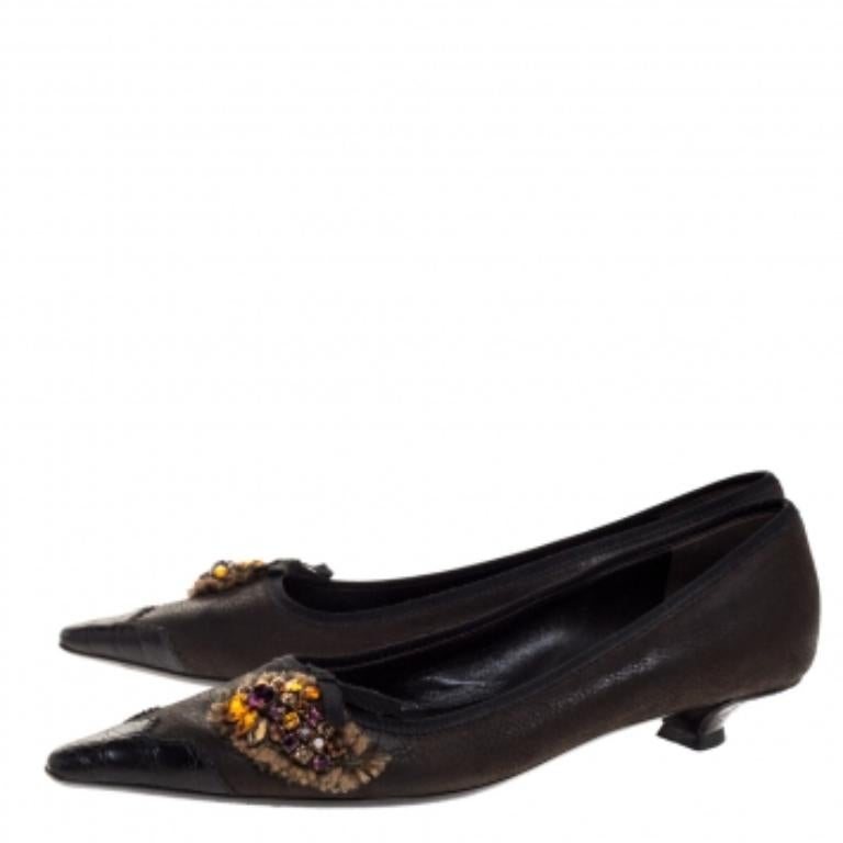 Prada Dark Brown Leather Crystal Embellished Vintage Pointed Pumps Size 36.5 For Sale 2