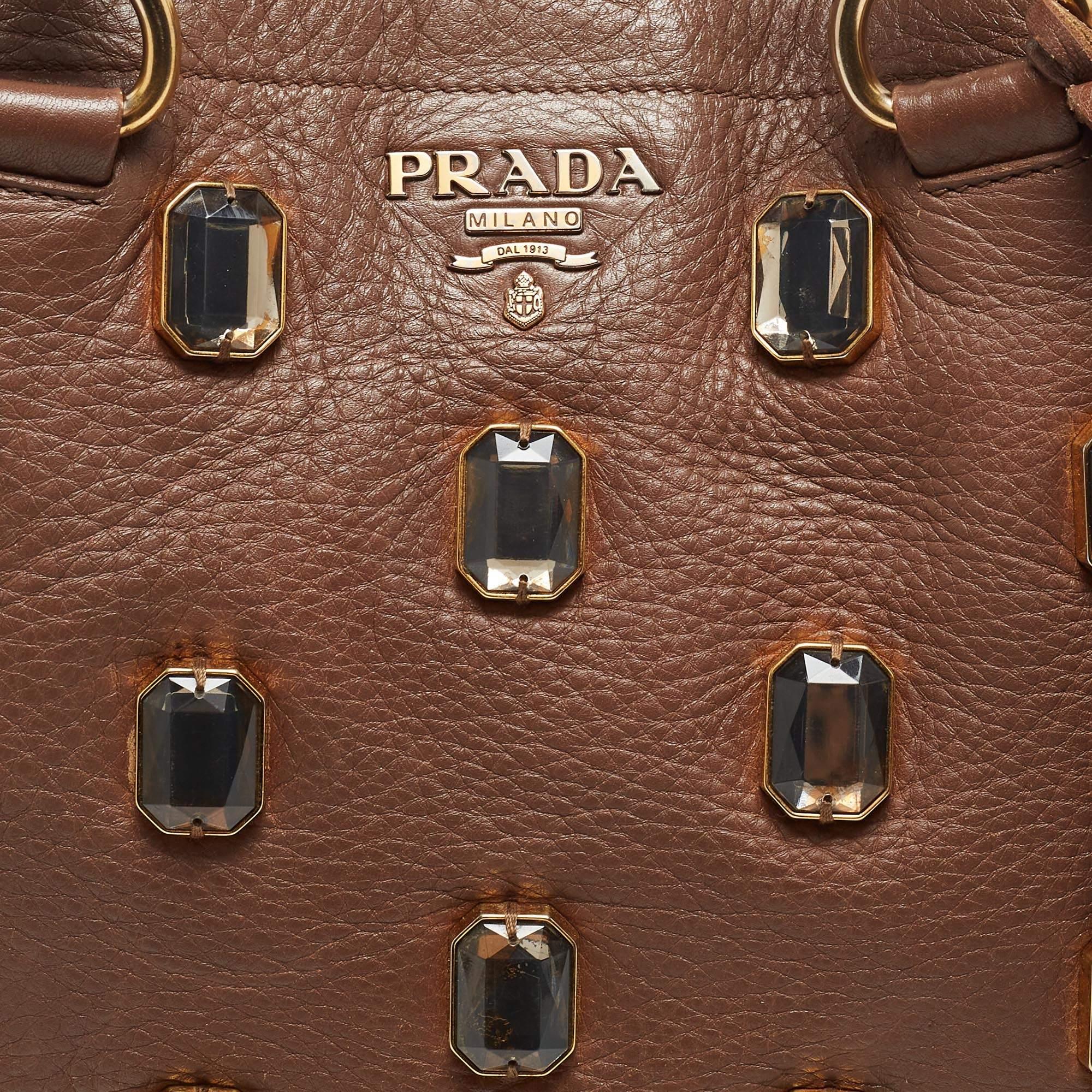 Prada Dark Brown Leather Crystals Embellished Tote 5