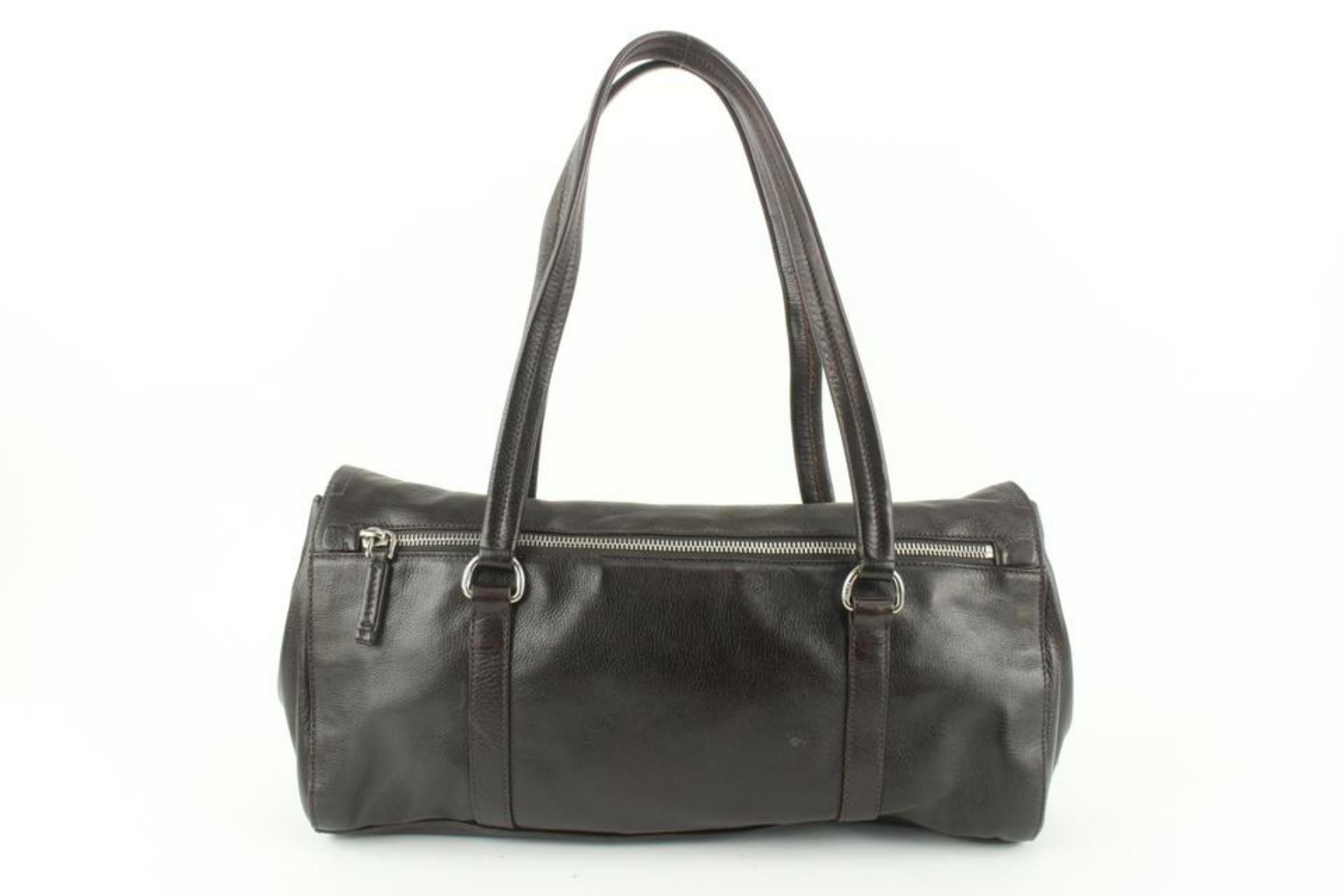 Black Prada Dark Brown Leather East West Boston Shoulder bag 14p5 For Sale