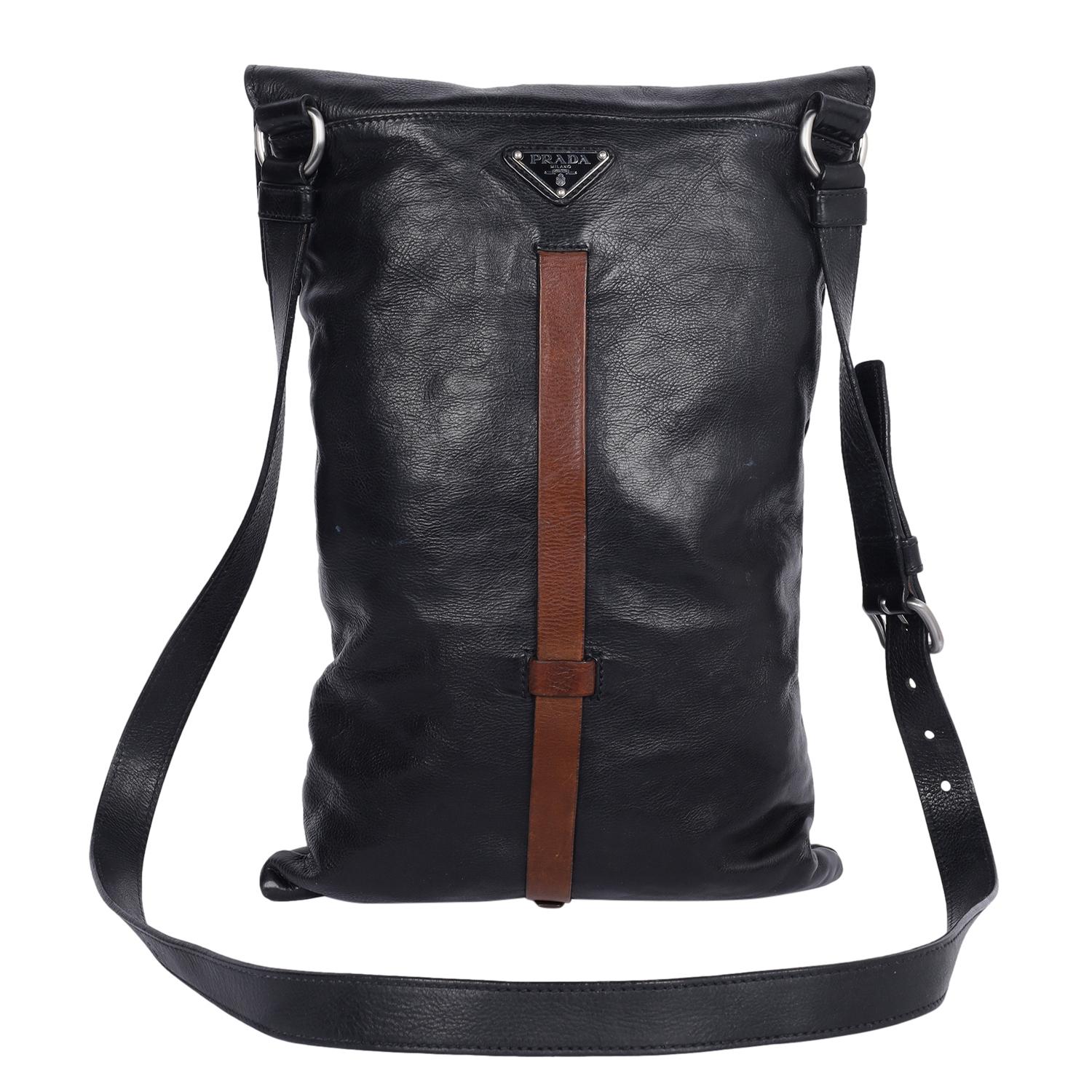 Prada Black Leather Flat Buckle Crossbody Bag For Sale 3