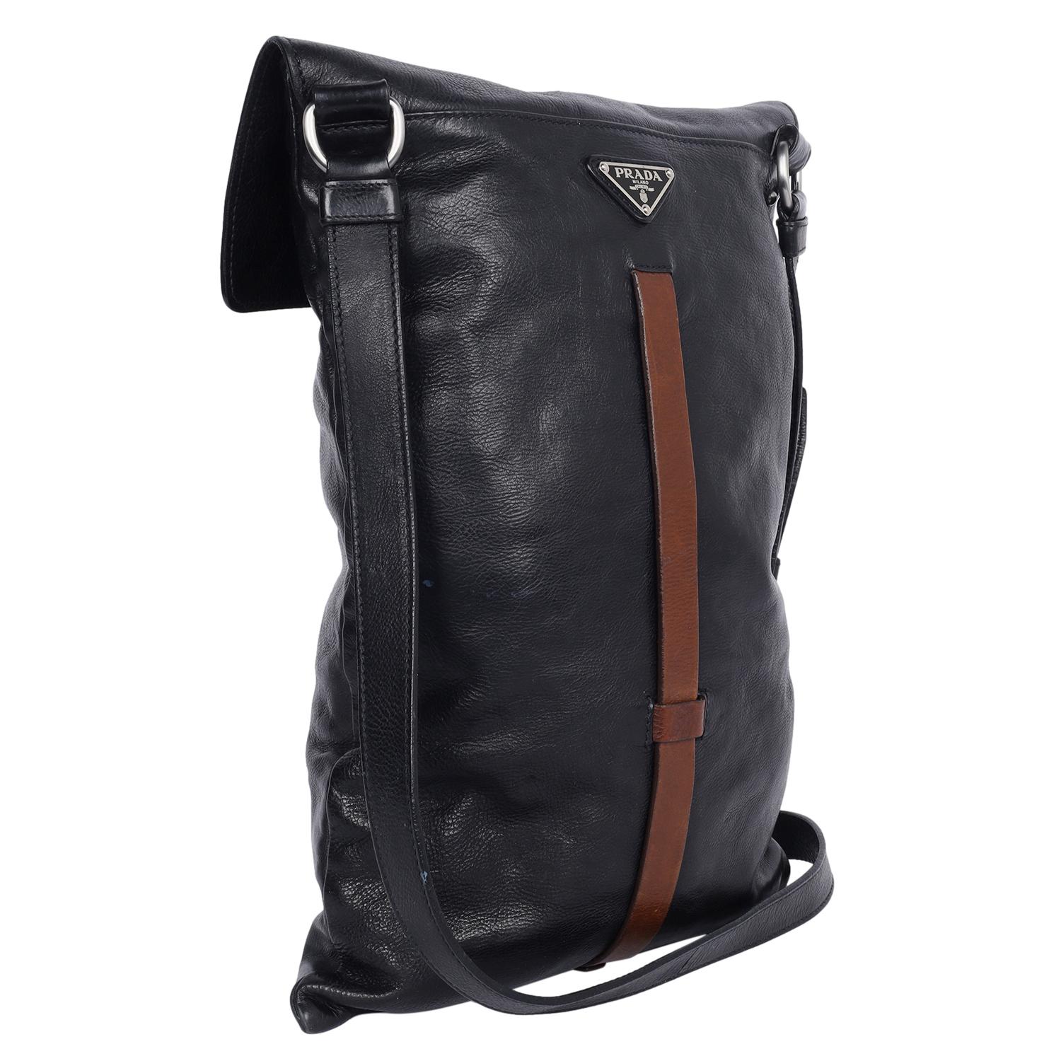 Prada Black Leather Flat Buckle Crossbody Bag For Sale 4