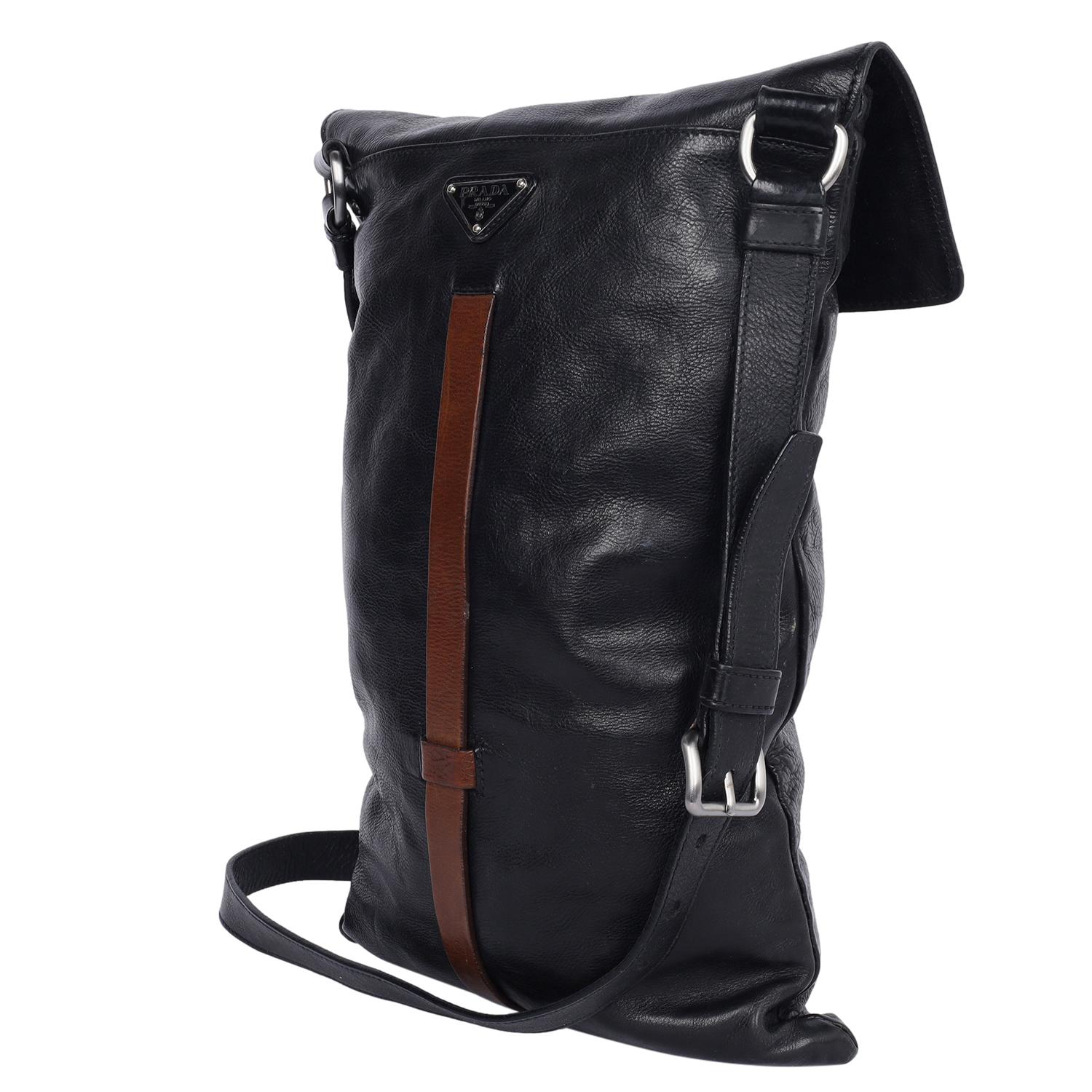 Prada Black Leather Flat Buckle Crossbody Bag For Sale 5