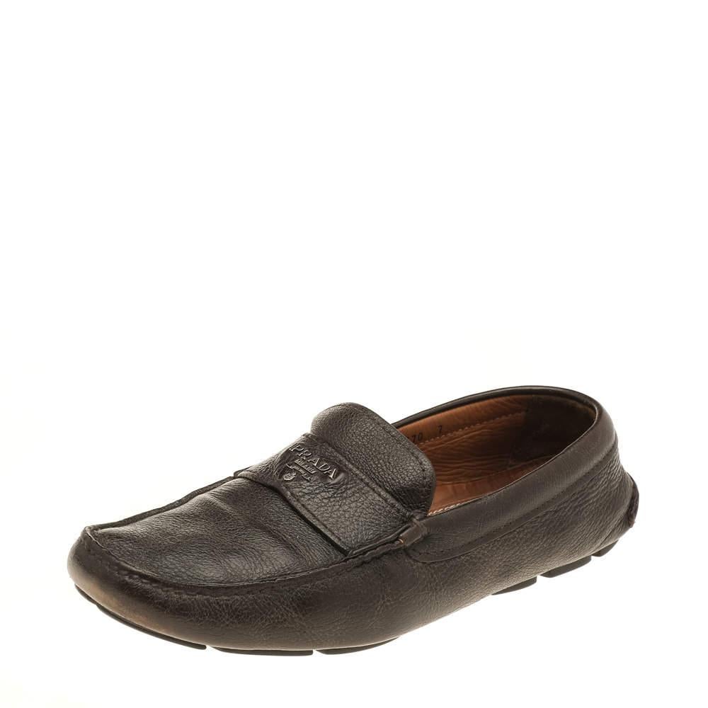 Women's Prada Dark Brown Leather Penny Slip On Loafers Size 41 For Sale