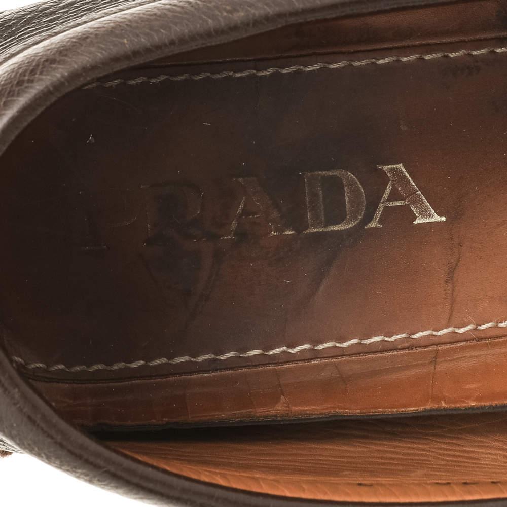 Prada Dark Brown Leather Penny Slip On Loafers Size 41 For Sale 1
