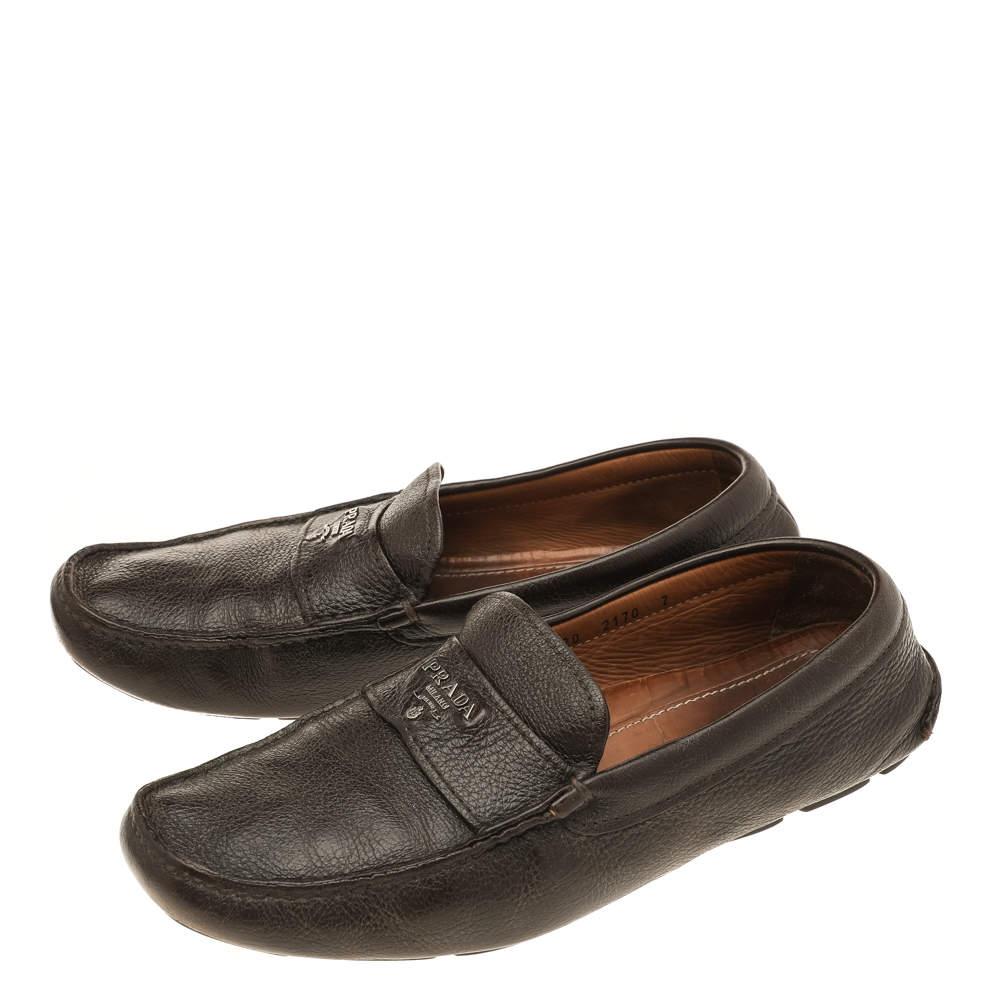 Prada Dark Brown Leather Penny Slip On Loafers Size 41 For Sale 2