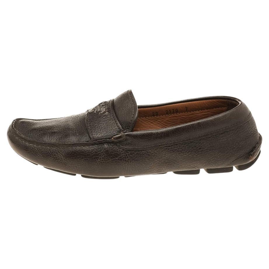 Prada Dark Brown Leather Penny Slip On Loafers Size 41 For Sale