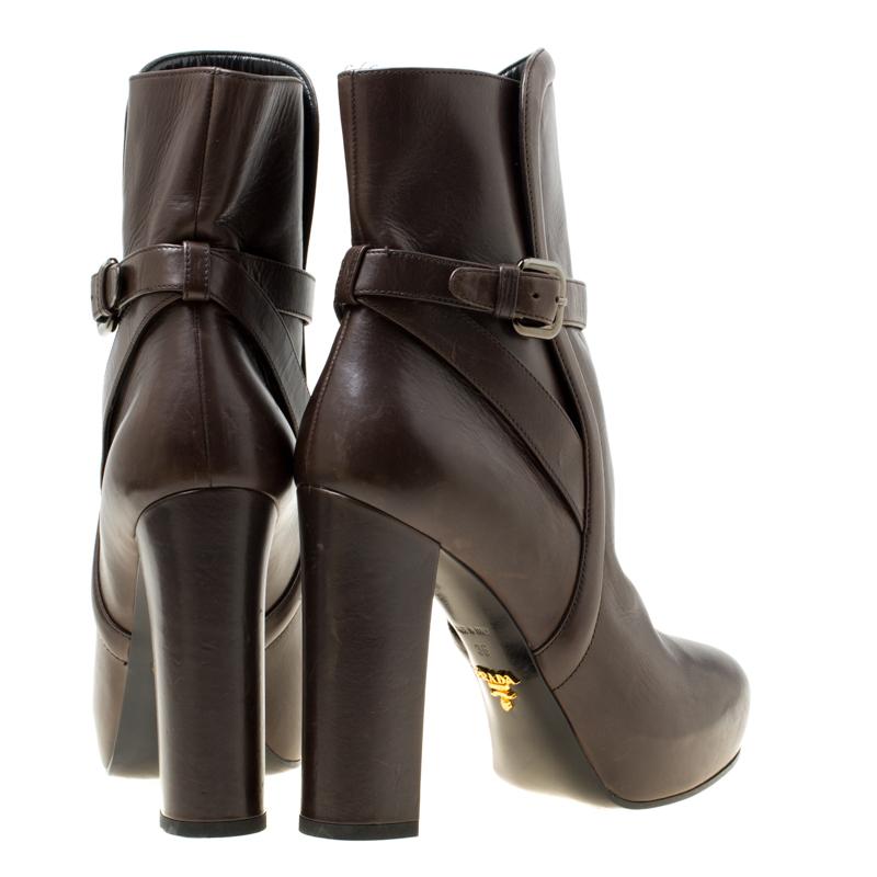 Black Prada Dark Brown Leather Platform Ankle Boots Size 36