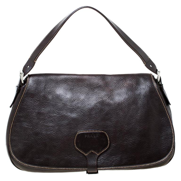Prada Dark Brown Leather Shoulder Bag For Sale at 1stdibs