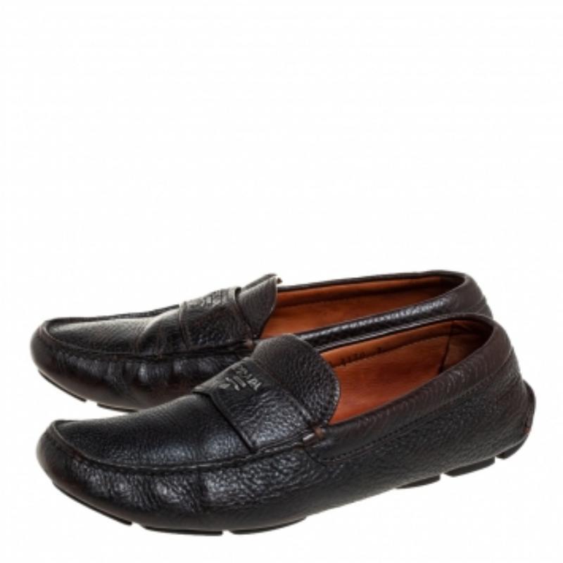 Black Prada Dark Brown Leather Slip On Loafers Size 41 For Sale