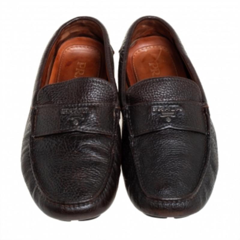 Prada Dark Brown Leather Slip On Loafers Size 41 For Sale 1