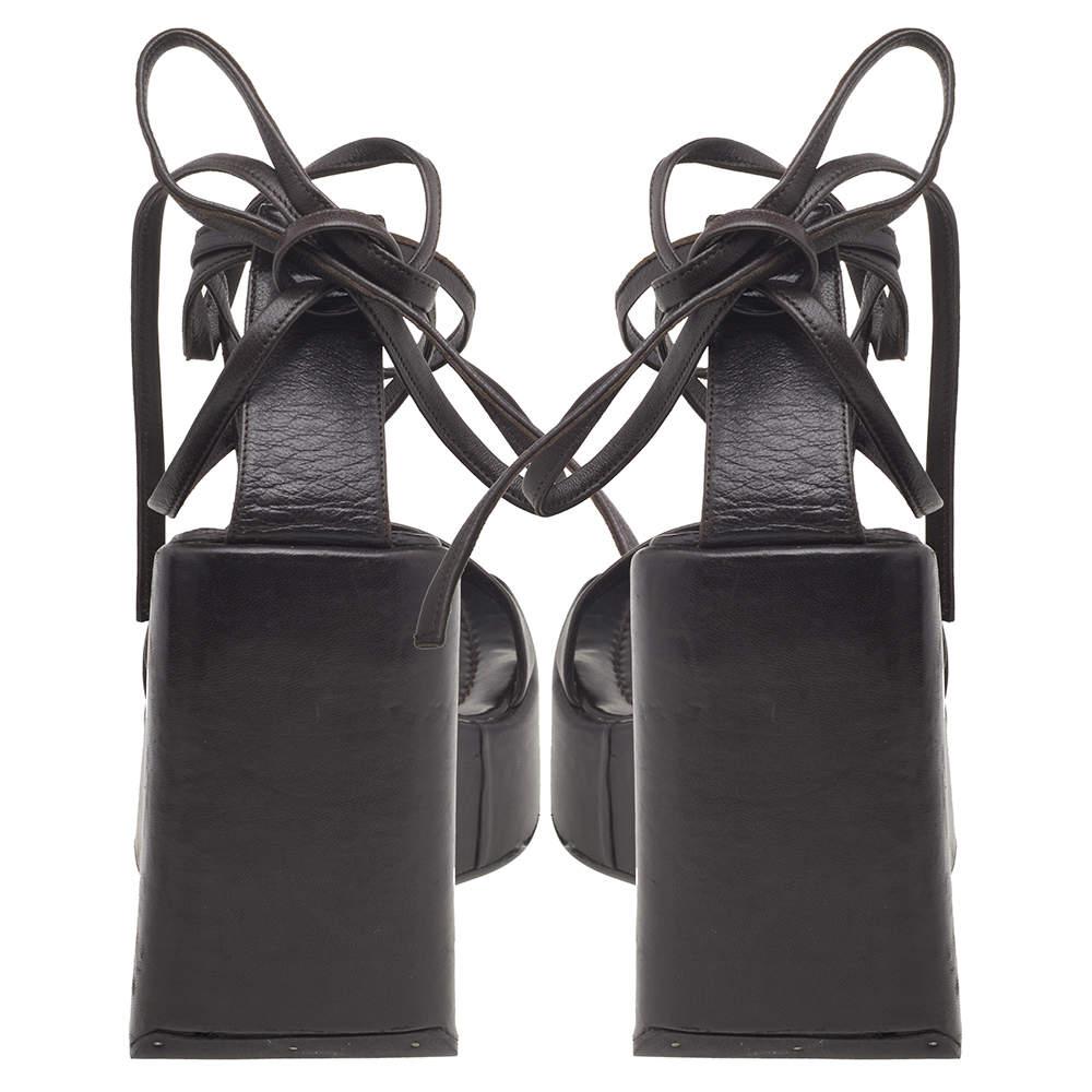 Women's Prada Dark Brown Leather Wedge Platform Ankle Wrap Sandals Size 39 For Sale