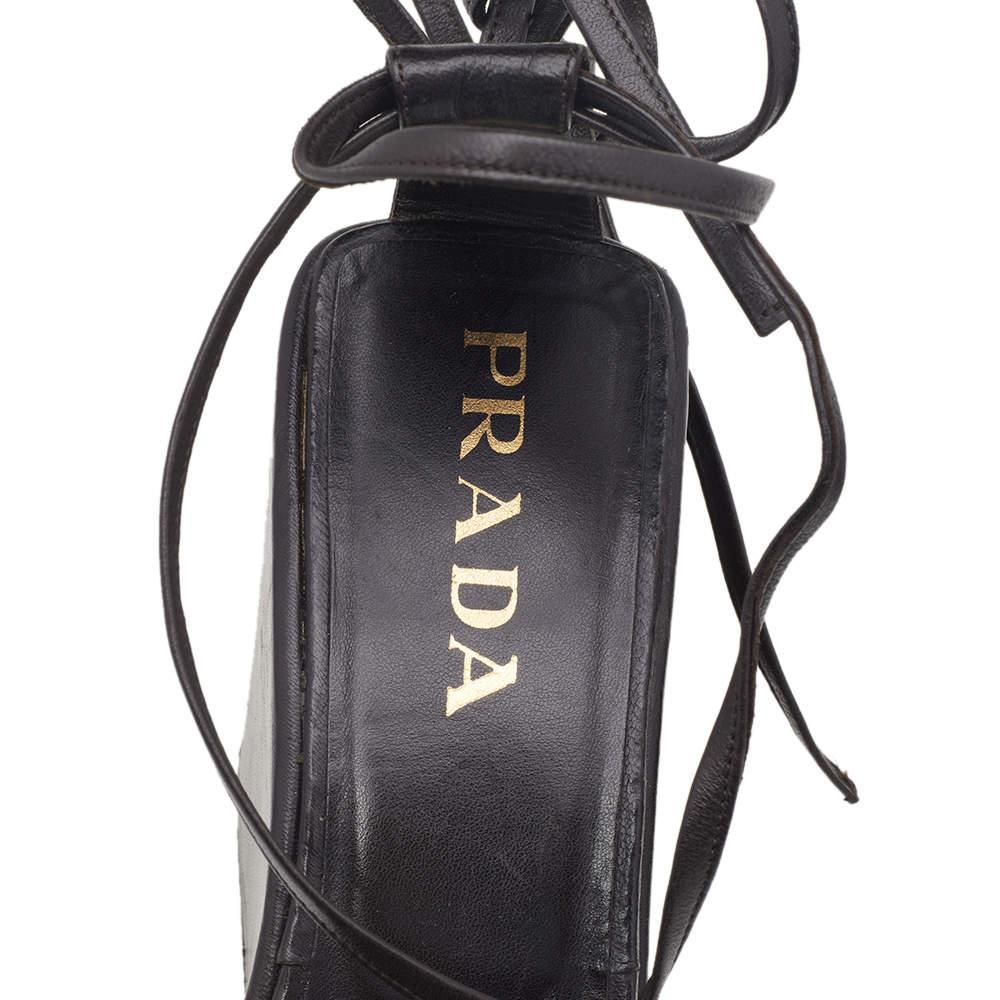 Prada Dark Brown Leather Wedge Platform Ankle Wrap Sandals Size 39 For Sale 2