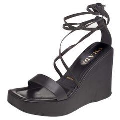 Prada Dark Brown Leather Wedge Platform Ankle Wrap Sandals Size 39