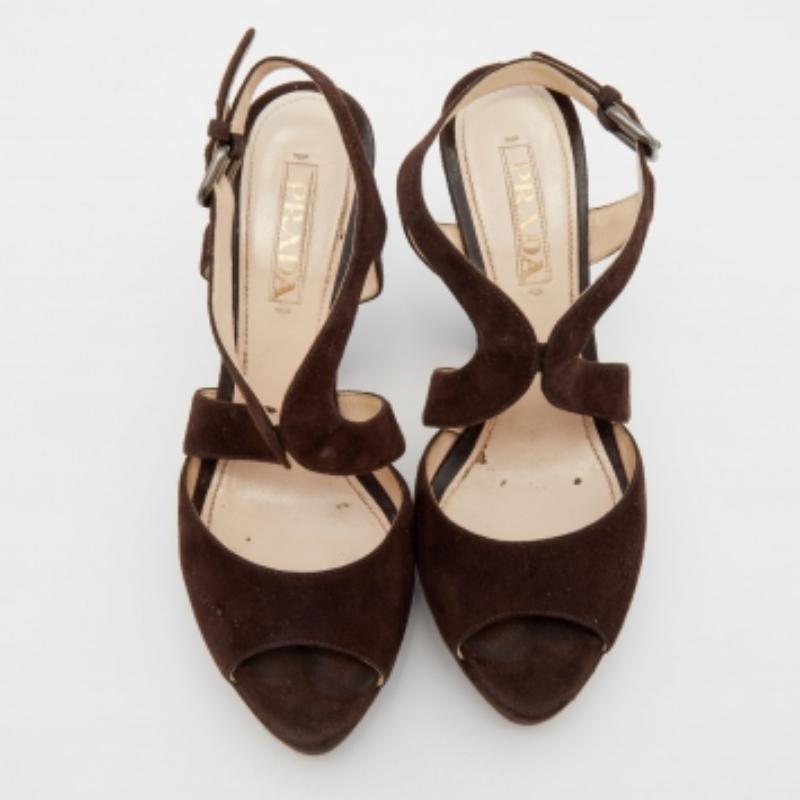 Prada Dark Brown Suede Platform Ankle Strap Sandals Size 39 For Sale 1
