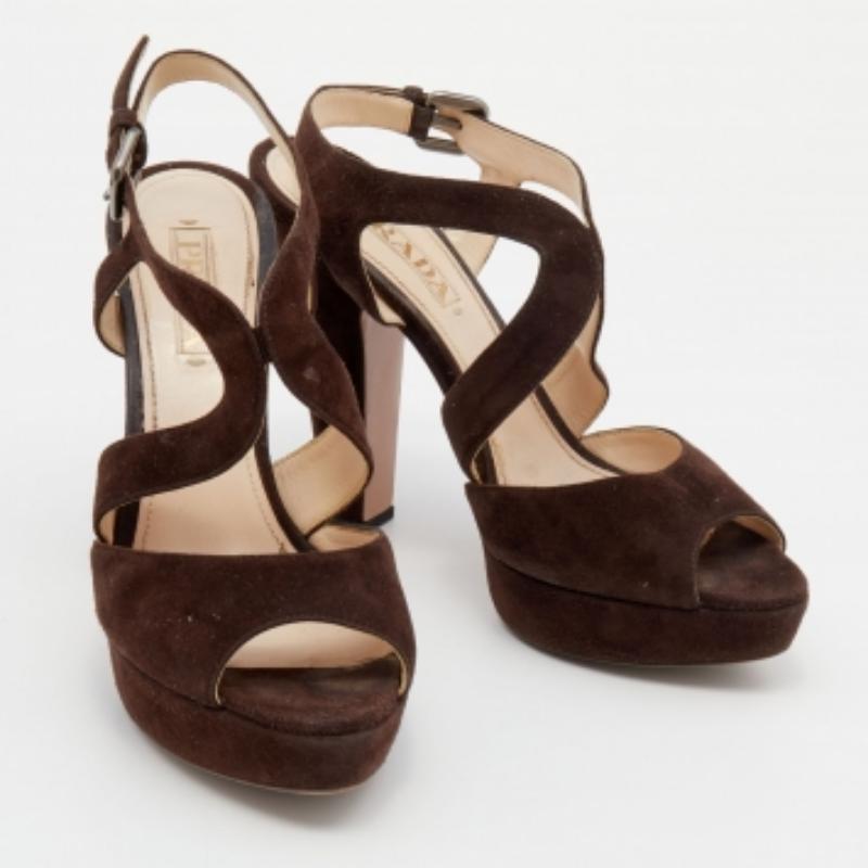Prada Dark Brown Suede Platform Ankle Strap Sandals Size 39 For Sale 2