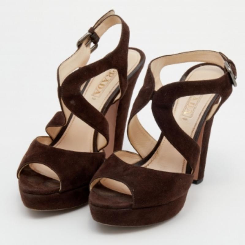 Prada Dark Brown Suede Platform Ankle Strap Sandals Size 39 For Sale 3