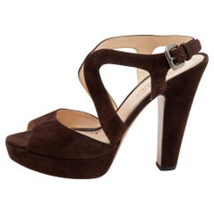 Prada Dark Brown Suede Platform Ankle Strap Sandals Size 39