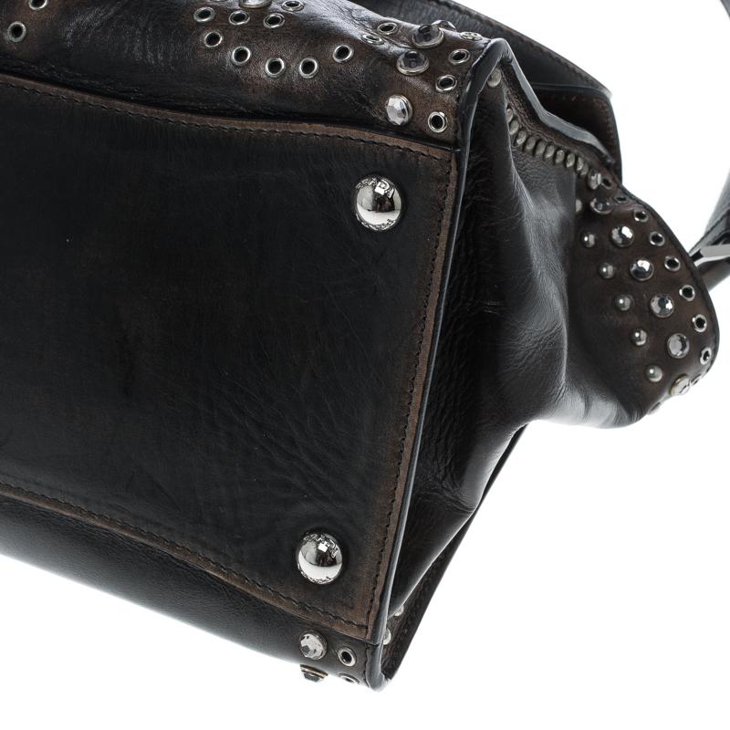 Prada Dark Brown Vintage Leather Eyelet Crystal Embellished Top Handle Bag 3