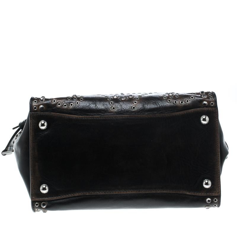 Prada Dark Brown Vintage Leather Eyelet Crystal Embellished Top Handle Bag In Good Condition In Dubai, Al Qouz 2