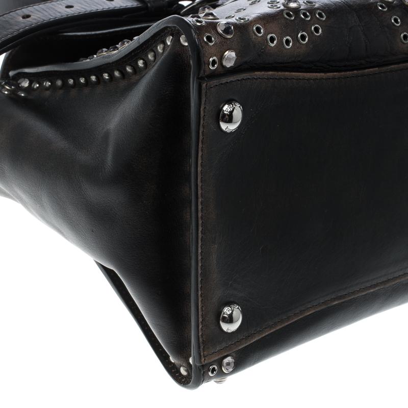 Prada Dark Brown Vintage Leather Eyelet Crystal Embellished Top Handle Bag 2