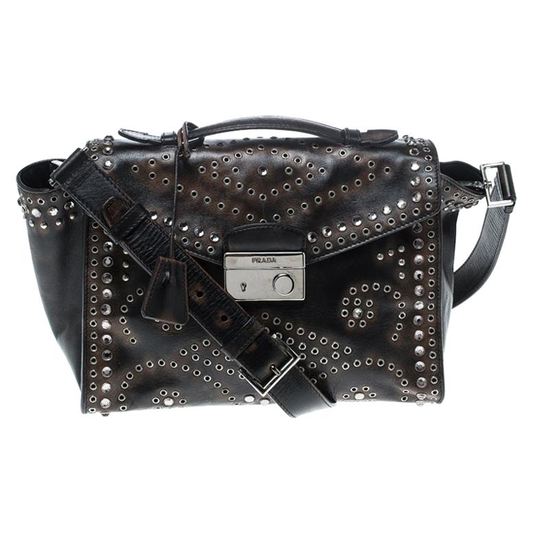 Prada Dark Brown Vintage Leather Eyelet Crystal Embellished Top Handle Bag