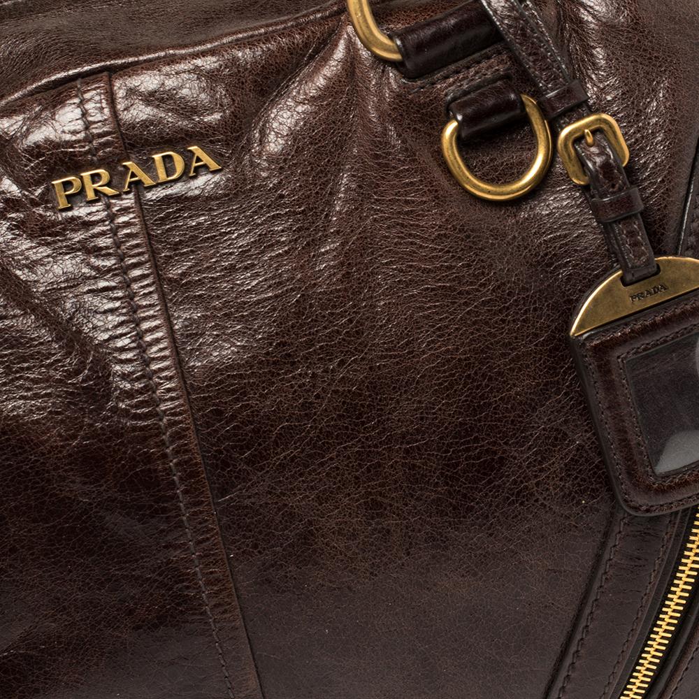 Black  Prada Dark Brown Vitello Shine Leather Bowler Bag