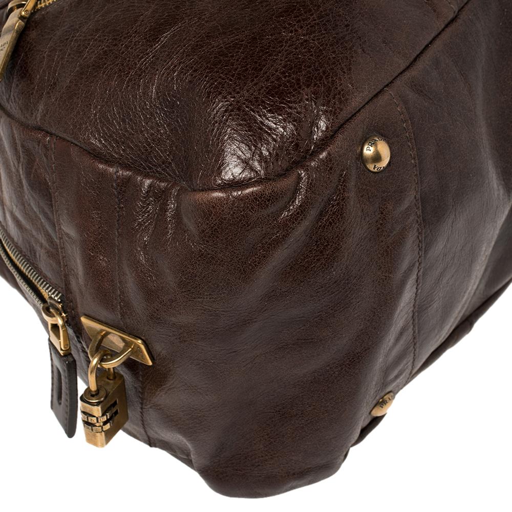 Women's  Prada Dark Brown Vitello Shine Leather Bowler Bag
