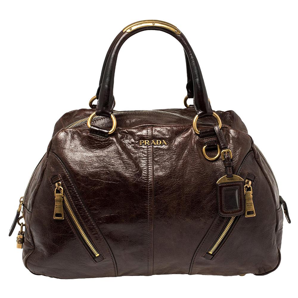  Prada Dark Brown Vitello Shine Leather Bowler Bag
