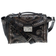 Prada Dark Brown Vitello Vintage Leather Eyelet Crystal Embellished Top Handle B