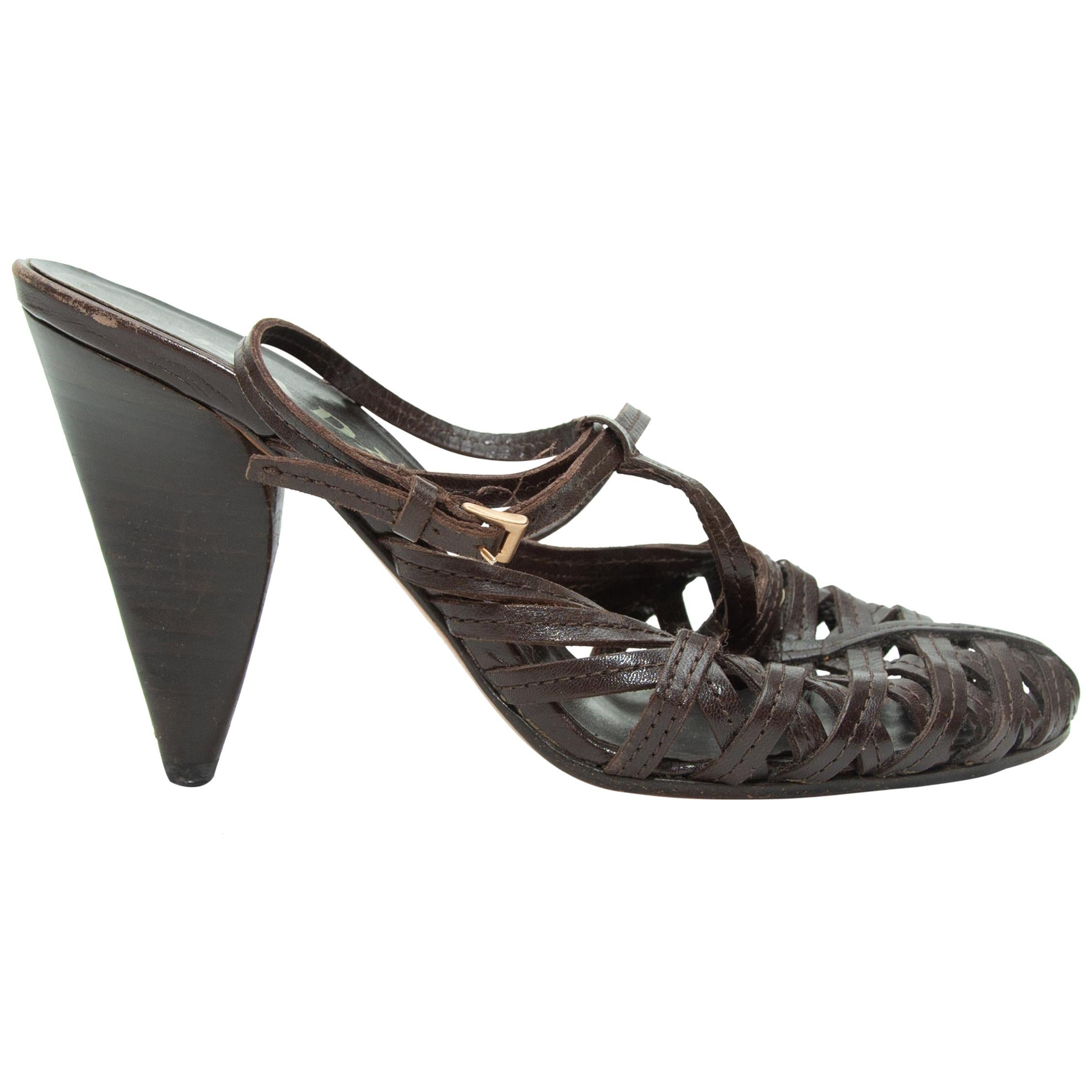 Prada Dark Brown Woven Leather Slingback Heels