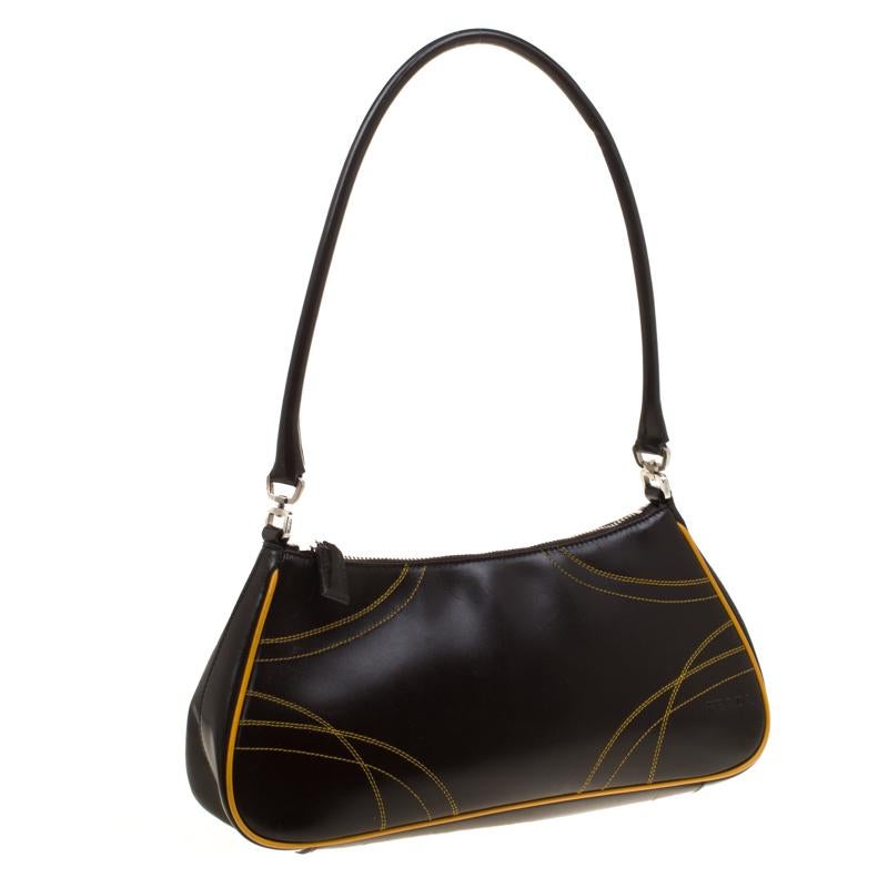 Prada Dark Brown/Yellow Leather Shoulder Bag In Good Condition In Dubai, Al Qouz 2