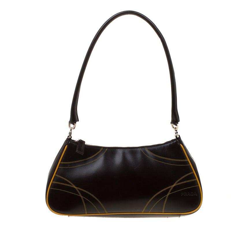 Prada Dark Brown/Yellow Leather Shoulder Bag